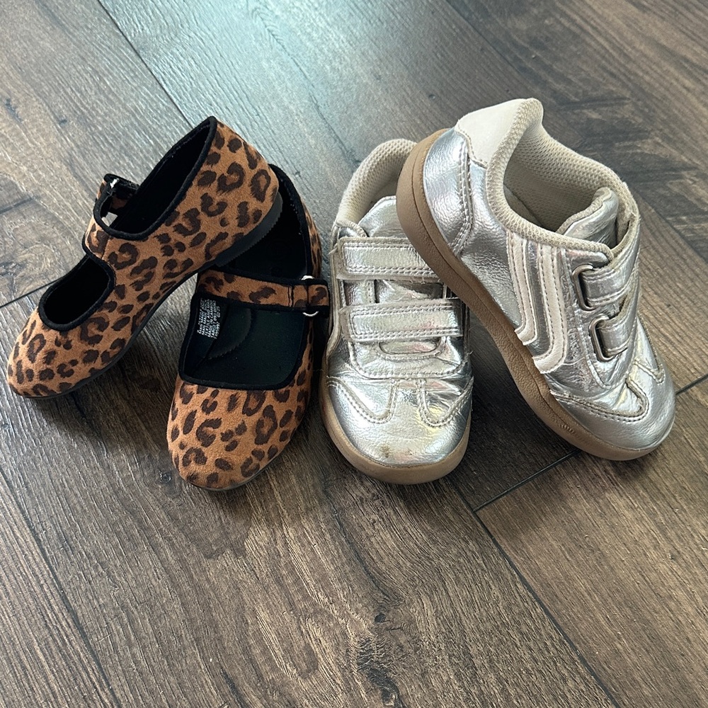 Cat & Jack Silver Velcro Sneakers and Leopard Mary Jane Flats